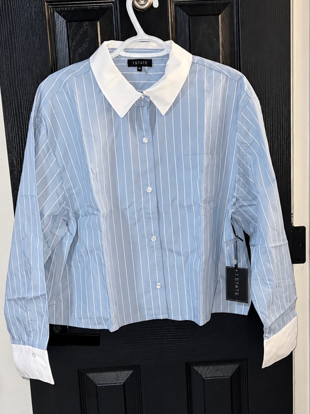 1. State Light Blue and White Pinstripe Dress Shirt with White Collar